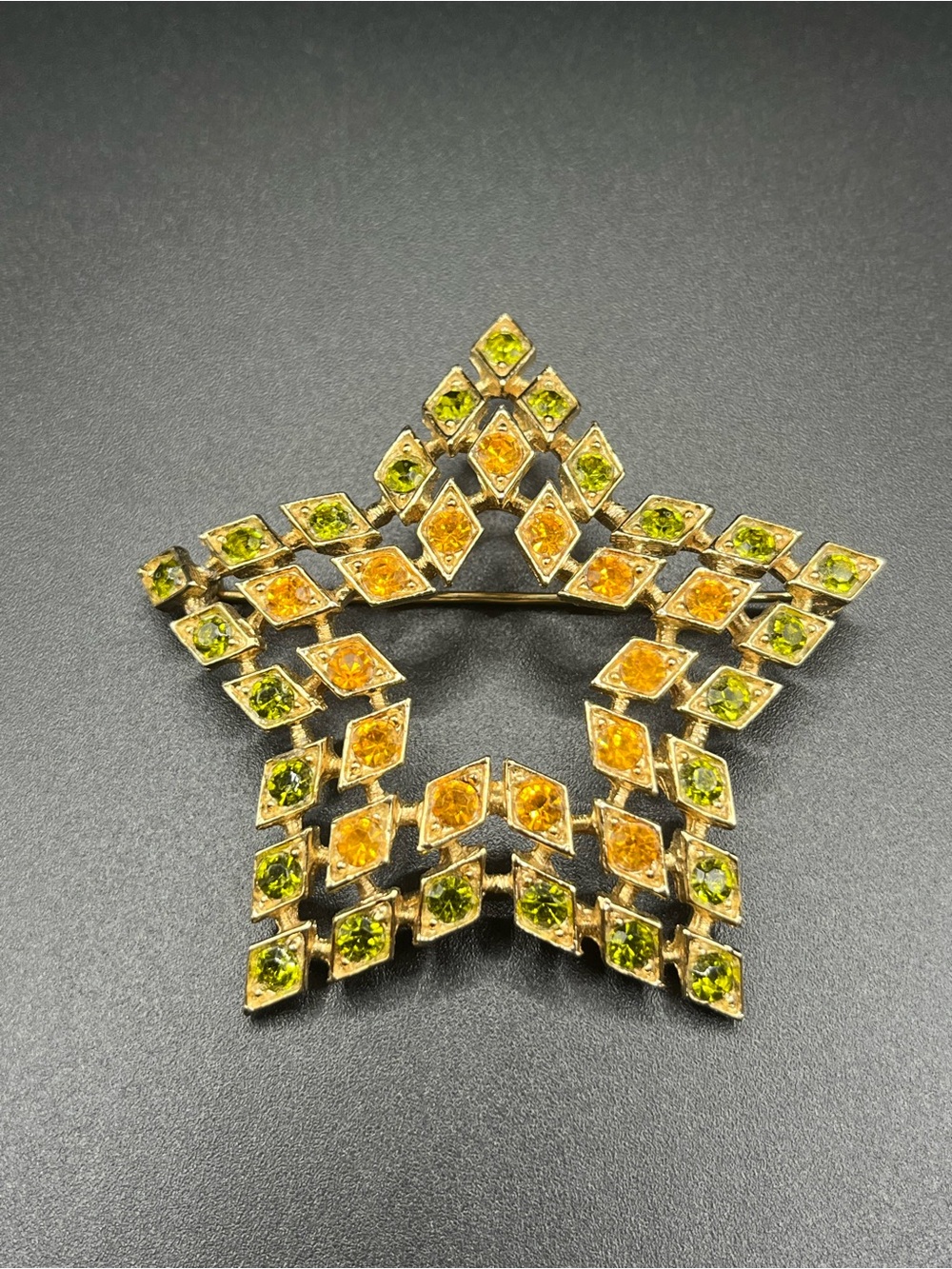 Vintage Sarah Coventry Star Amber & Green Gold Tone Rhinestone Brooch
